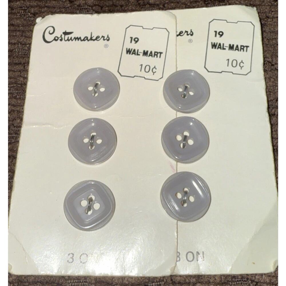 Vintage Buttons Costumakers Set Of Six NOS Gray Four Hole Flat Buttons 7/16”